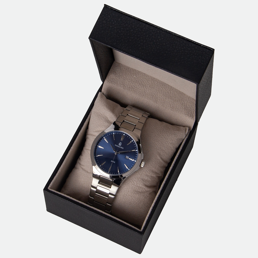 Relógio masculino Vanglore Upclassic prata com visor azul, 40mm, metal e aço inox, no estojo Vanglore