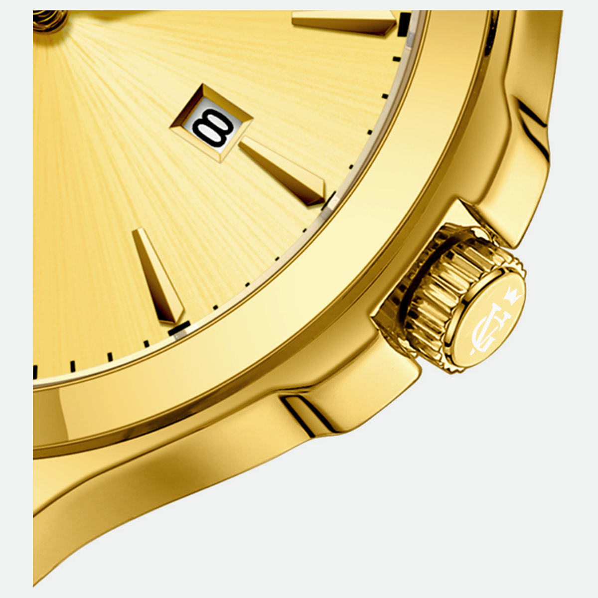 Relógio masculino Vanglore Upclassic dourado, 40mm, metal e aço inox, detalhe do mostrador e da coroa