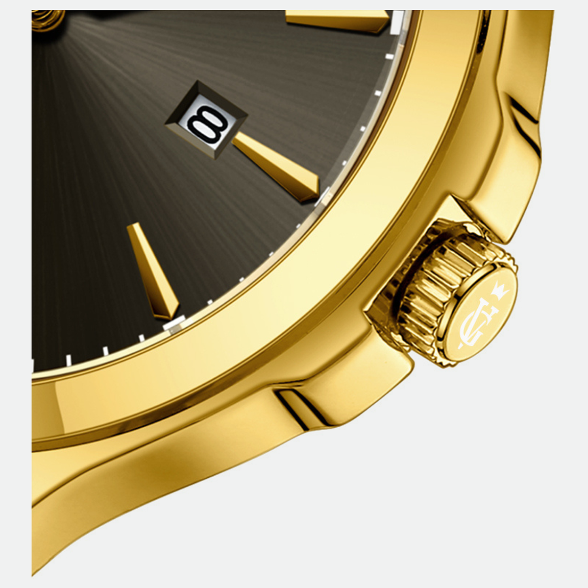 Relógio masculino Vanglore Upclassic dourado com visor preto, 40mm, metal e aço inox, detalhe do mostrador e da coroa