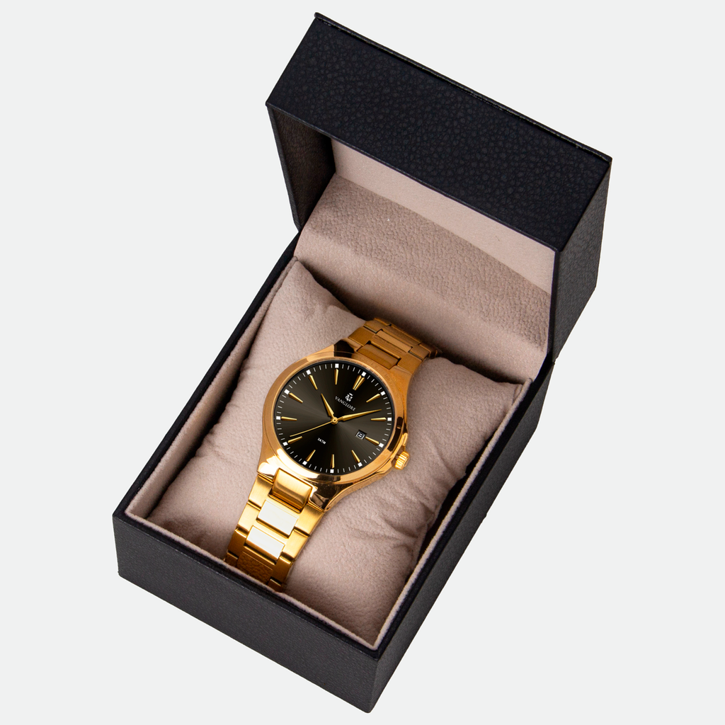 Relógio masculino Vanglore Upclassic dourado com visor preto, 40mm, metal e aço inox, no estojo Vanglore