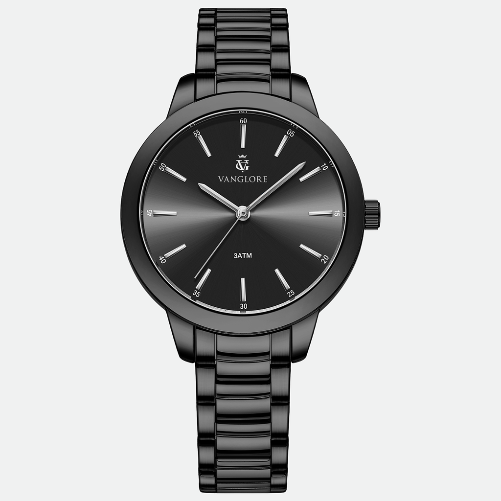 Relógio feminino Vanglore Essence preto 36mm, vista frontal, em metal e aço inox