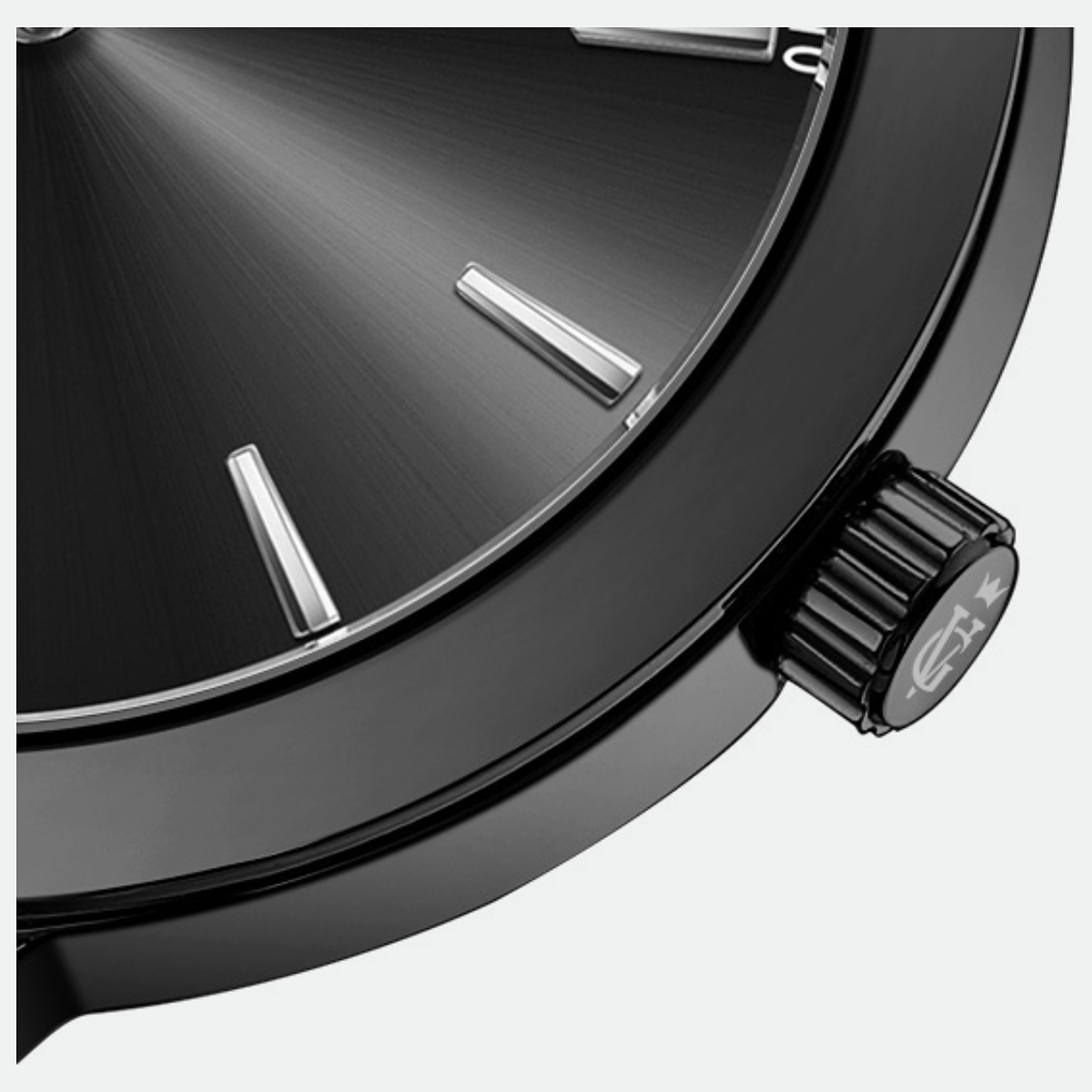 Relógio feminino Vanglore Essence preto 36mm, detalhe do mostrador e da coroa