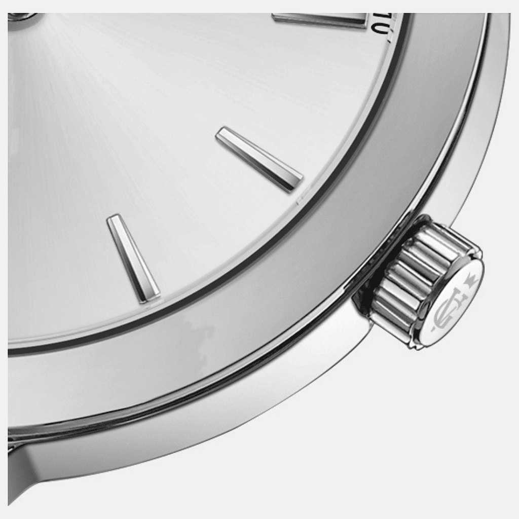 Relógio feminino Vanglore Essence prata 36mm, detalhe do mostrador e da coroa