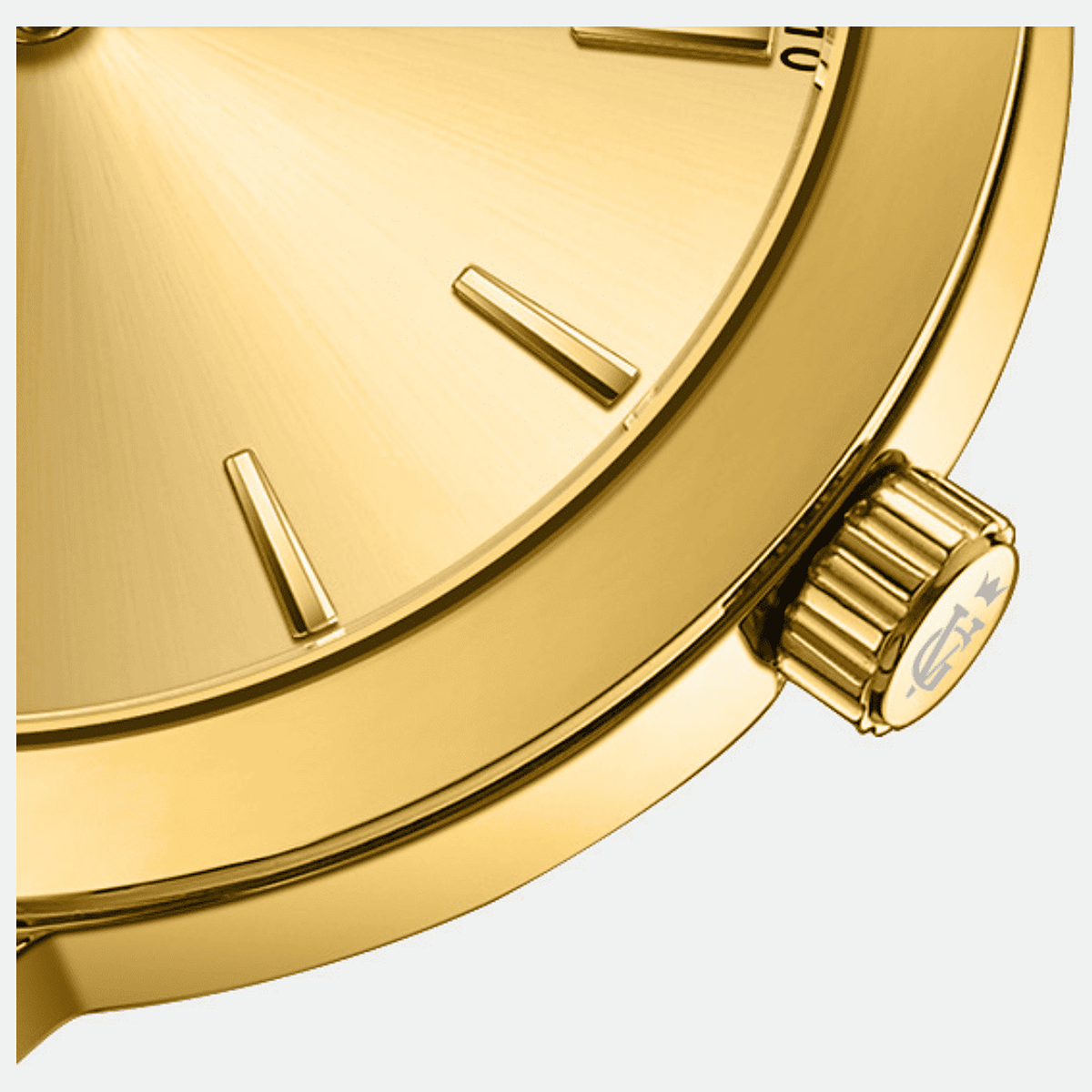 Relógio feminino Vanglore Essence dourado 36mm, detalhe do mostrador e da coroa