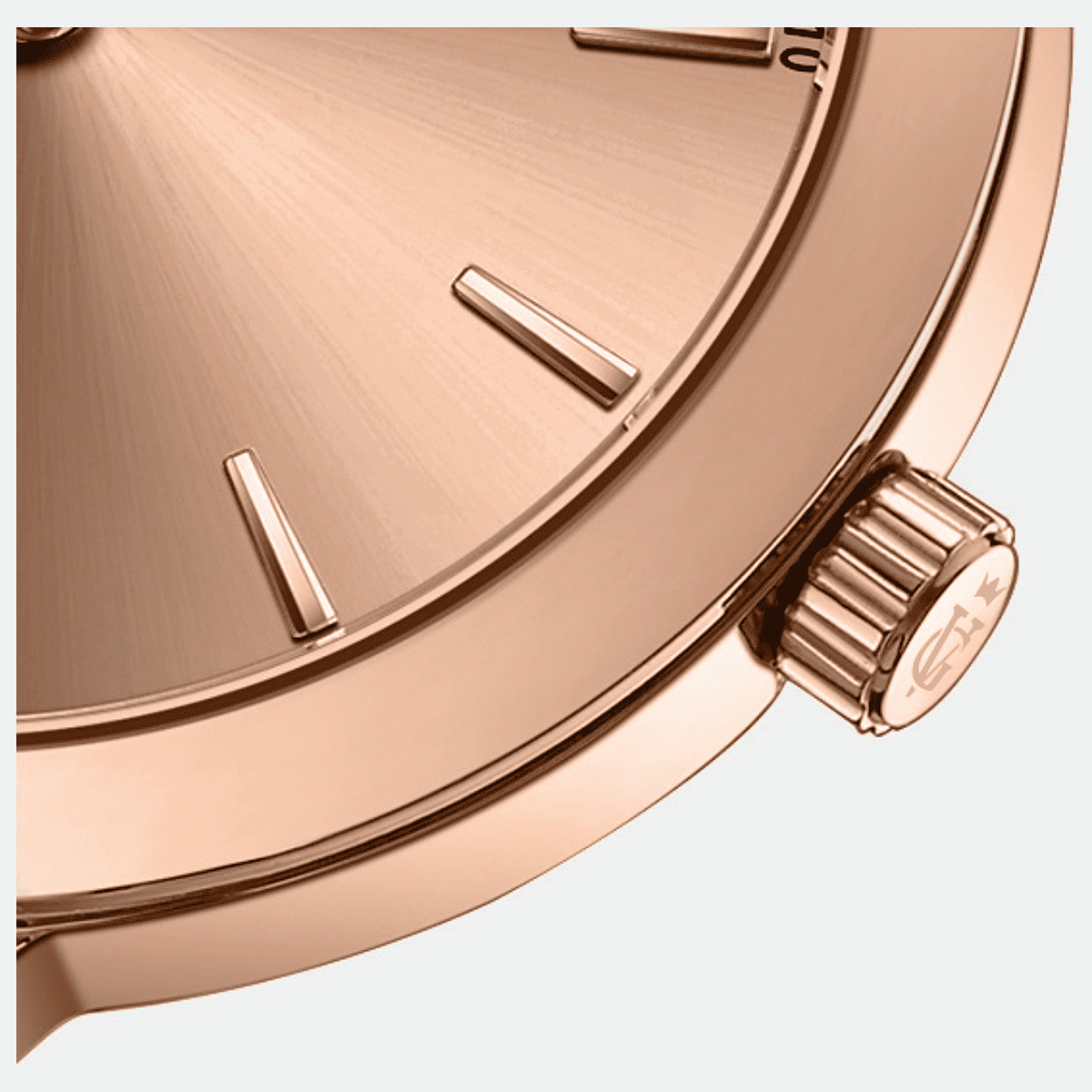 Relógio feminino Vanglore Essence rose gold 36mm, detalhe do mostrador e da coroa