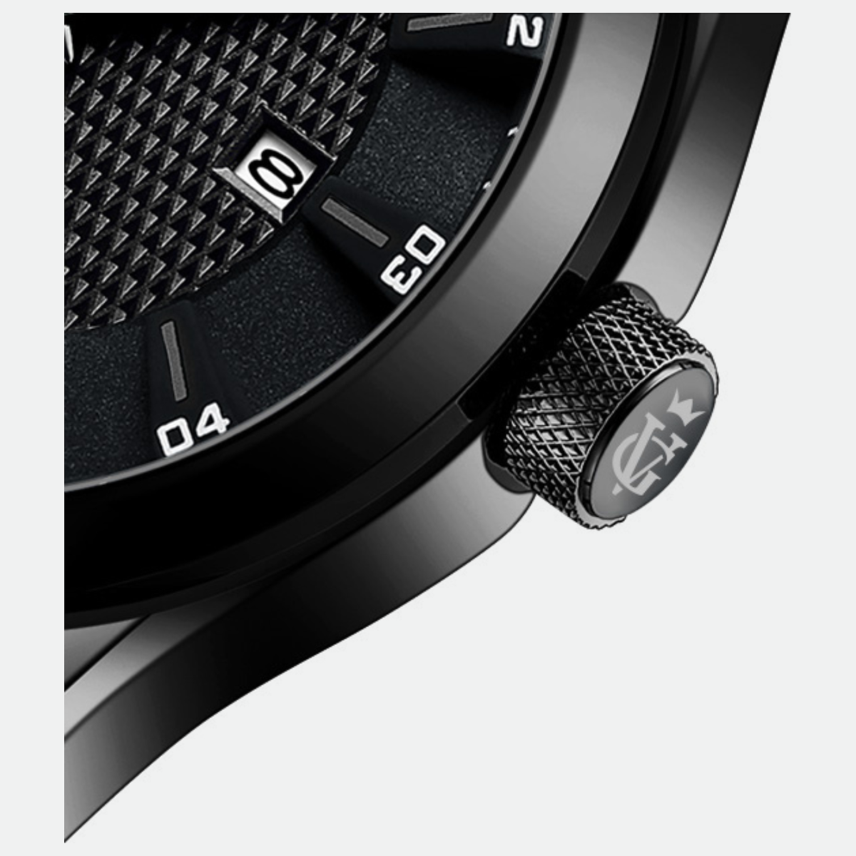 Relógio masculino Vanglore Nexus preto 44mm, em metal e aço inox, detalhe do mostrador e da coroa