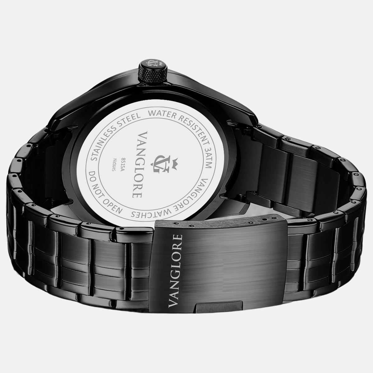 Relógio masculino Vanglore Nexus preto 44mm, em metal e aço inox, fundo da caixa e fecho