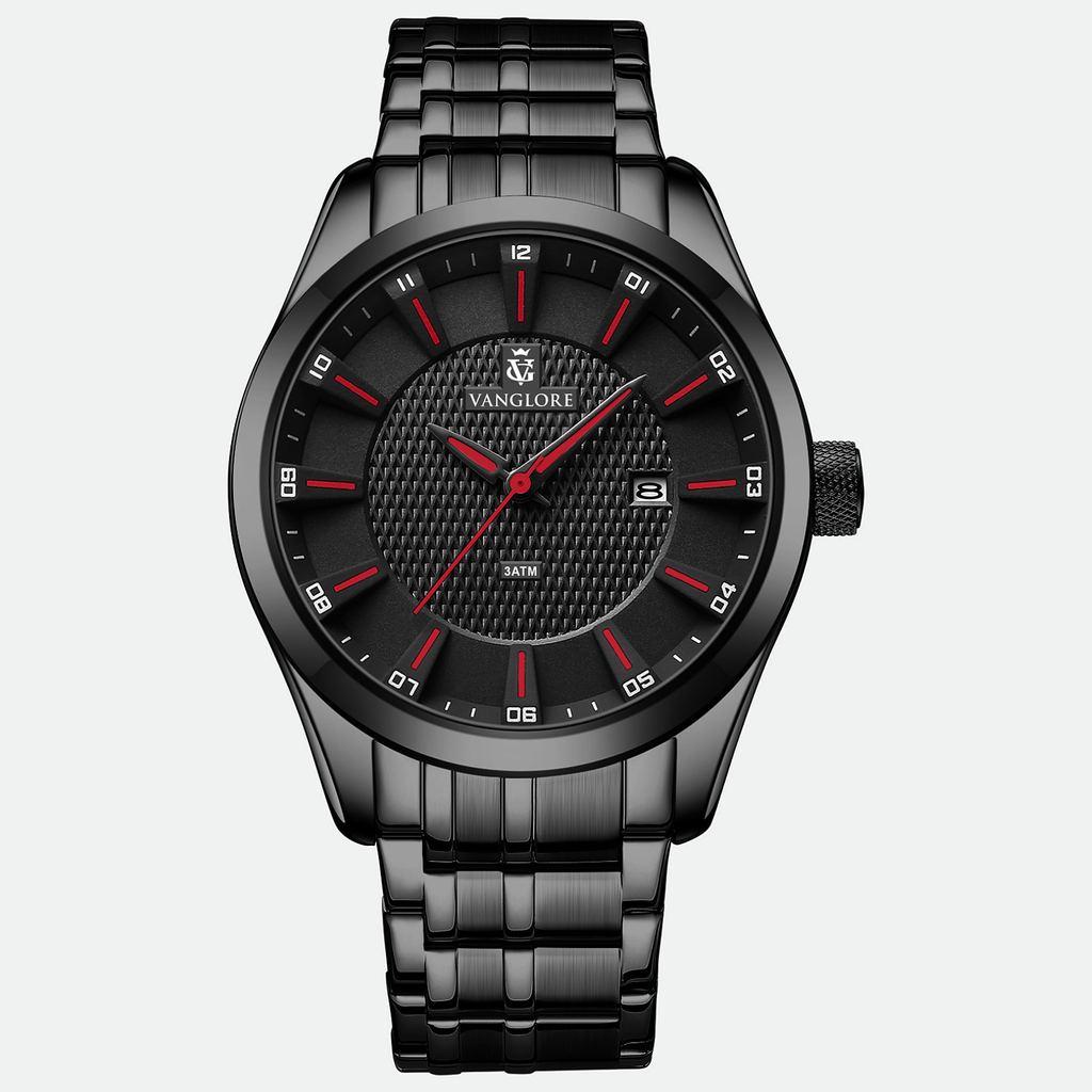 Relógio masculino Vanglore Nexus preto com detalhes vermelhos 44mm, em metal e aço inox, vista frontal