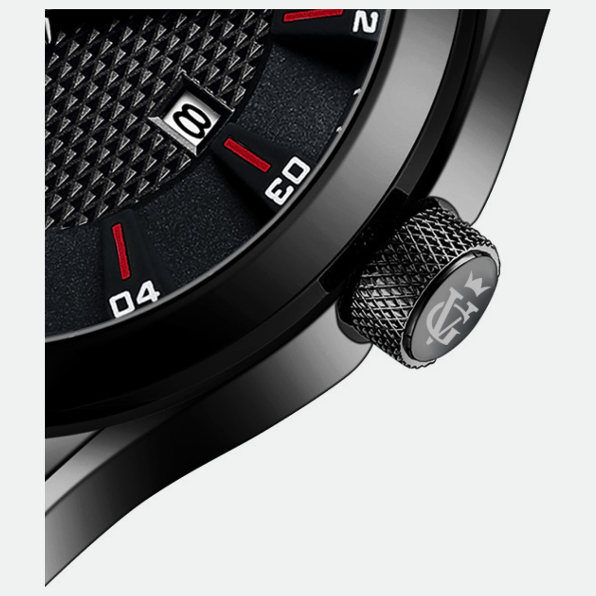 Relógio masculino Vanglore Nexus preto com detalhes vermelhos 44mm, em metal e aço inox, detalhe do mostrador e da coroa