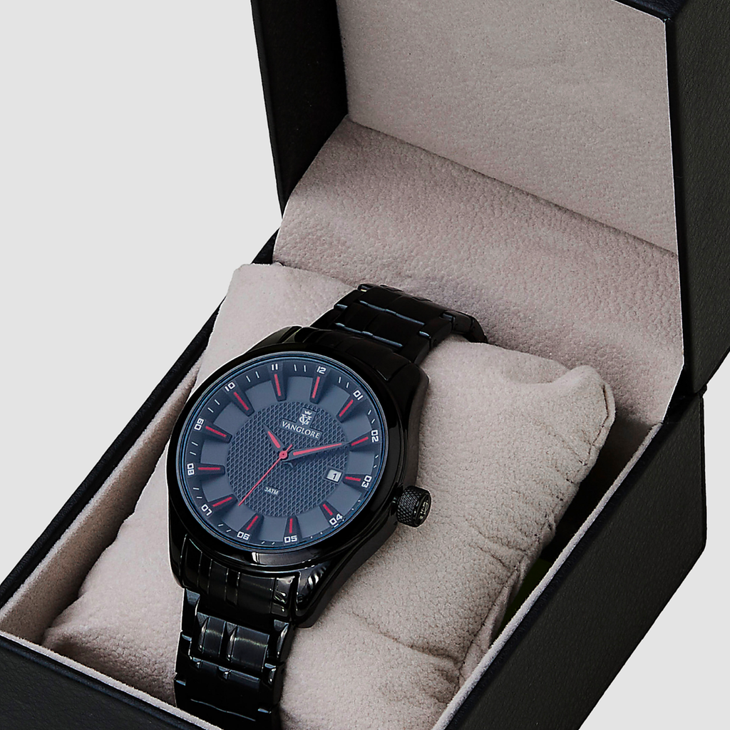 Relógio masculino Vanglore Nexus preto com detalhes vermelhos 44mm, em metal e aço inox, no estojo Vanglore