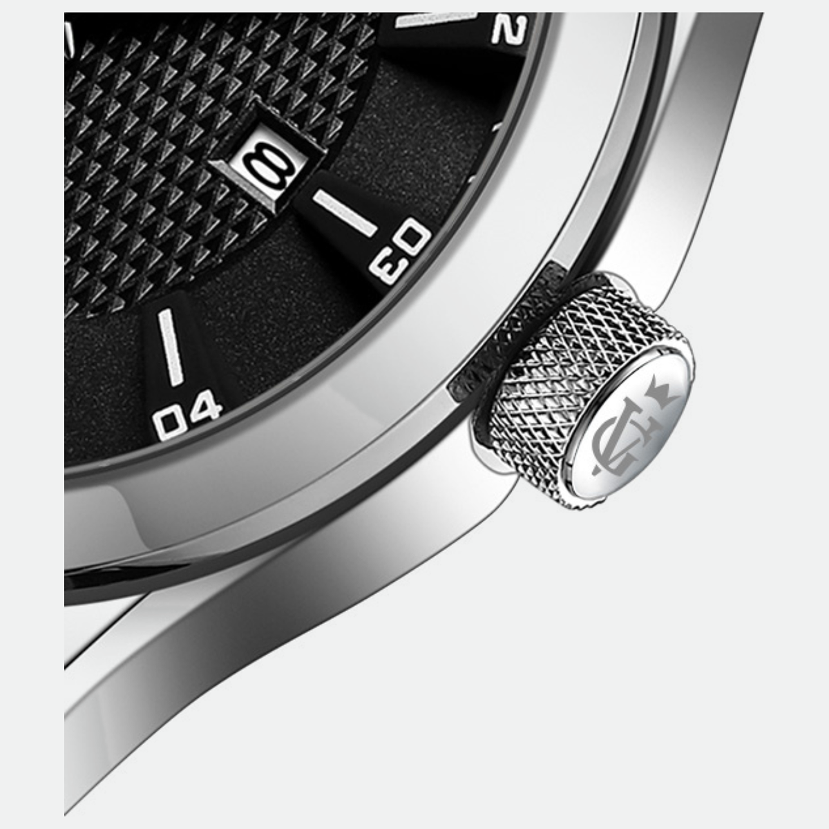 Relógio masculino Vanglore Nexus prata com fundo preto 44mm, em metal e aço inox, detalhe do mostrador e da coroa
