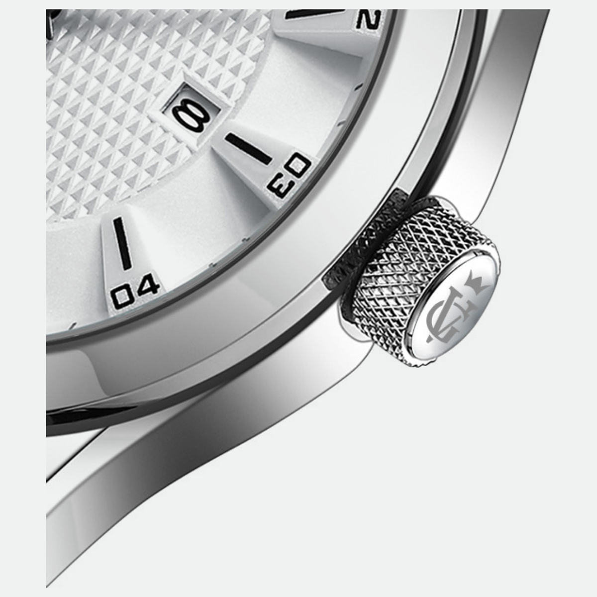 Relógio masculino Vanglore Nexus prata com fundo branco 44mm, em metal e aço inox, detalhe do mostrador e da coroa