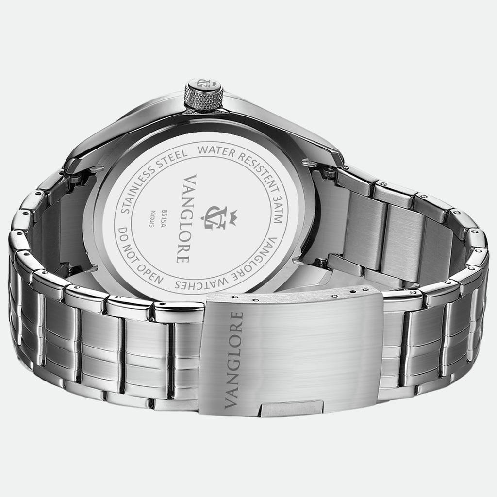 Relógio masculino Vanglore Nexus prata com fundo branco 44mm, em metal e aço inox, fundo da caixa e fecho
