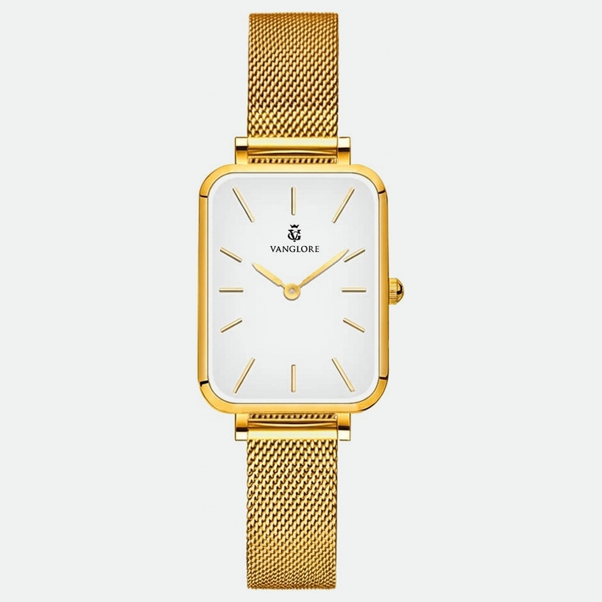 Relógio feminino Vanglore Lunna dourado com fundo branco, caixa retangular e pulseira mesh, vista frontal