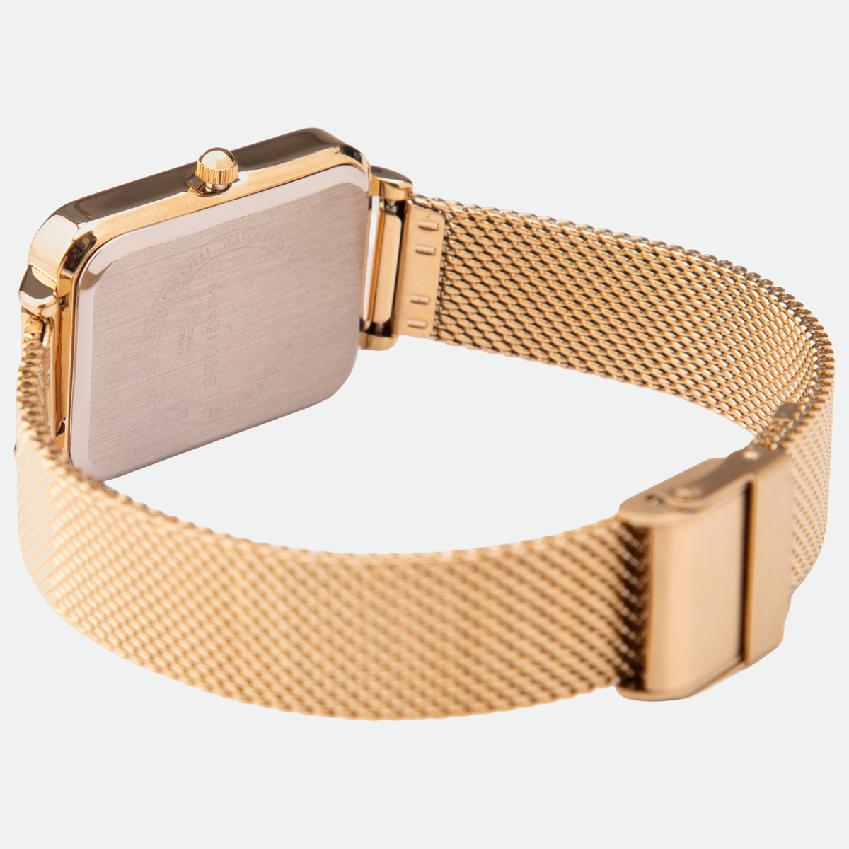 Relógio feminino Vanglore Lunna dourado com fundo branco, caixa retangular e pulseira mesh, fundo e fecho