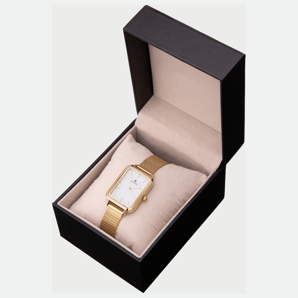 Relógio feminino Vanglore Lunna dourado com fundo branco, caixa retangular e pulseira mesh, no estojo Vanglore