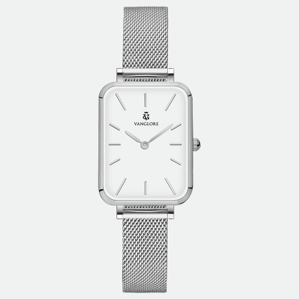 Relógio feminino Vanglore Lunna prata com fundo branco, caixa retangular e pulseira mesh, vista frontal