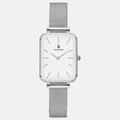 Relógio feminino Vanglore Lunna prata com fundo branco, caixa retangular e pulseira mesh, vista frontal