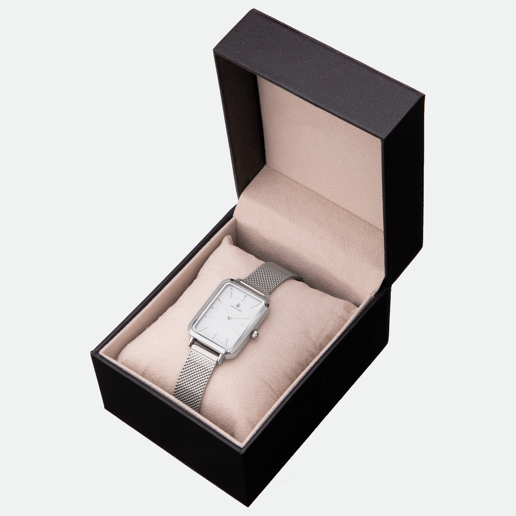 Relógio feminino Vanglore Lunna prata com fundo branco, caixa retangular e pulseira mesh, no estojo Vanglore