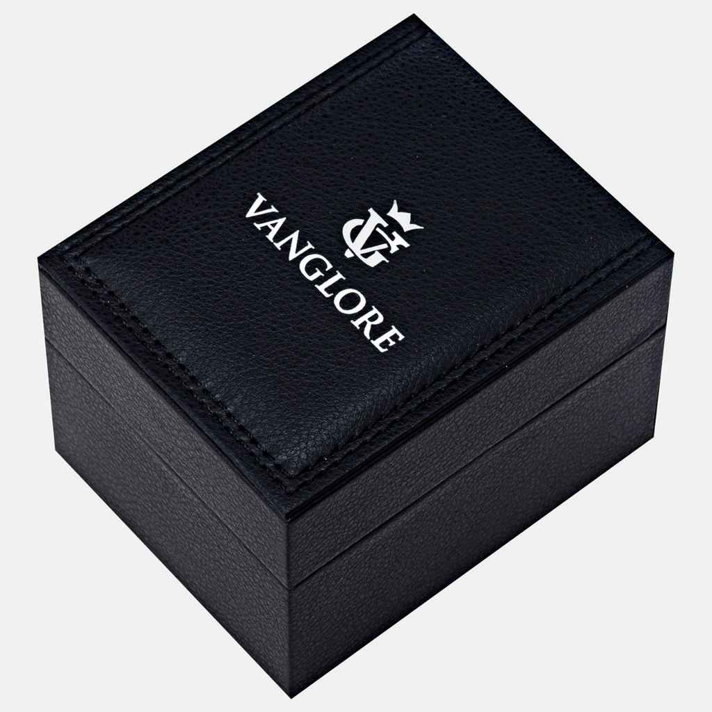 Relógio feminino Vanglore Lunna prata com fundo branco, caixa retangular e pulseira mesh, estojo Vanglore fechado