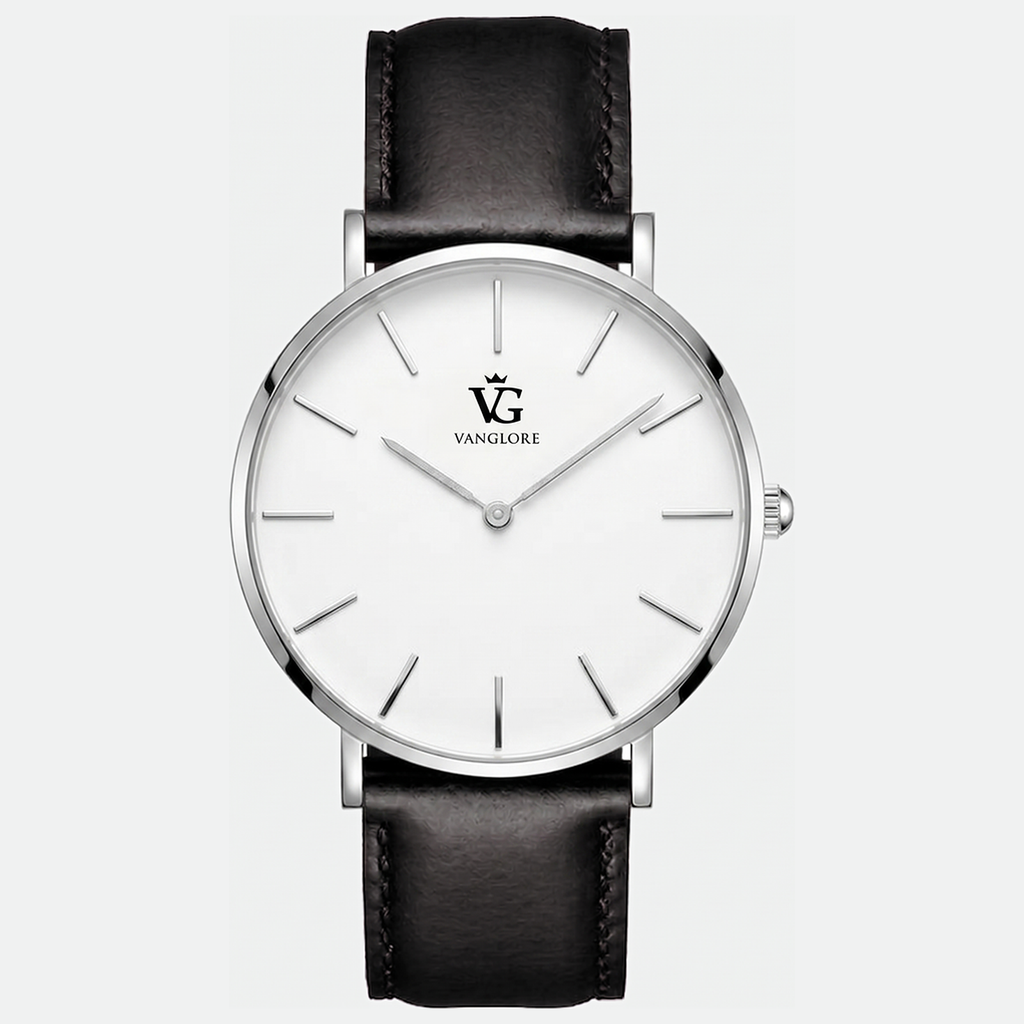 Relógio masculino Vanglore Selecty 3289a prata com fundo branco e pulseira de couro preta, 40mm, vista frontal