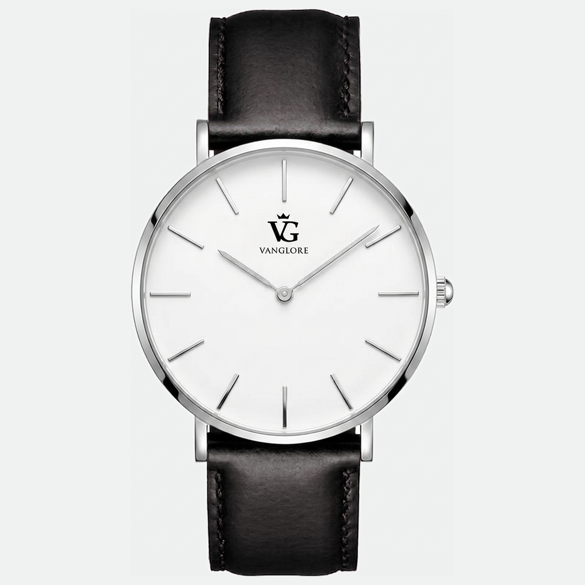 Relógio masculino Vanglore Selecty 3289a prata com fundo branco e pulseira de couro preta, 40mm, vista frontal