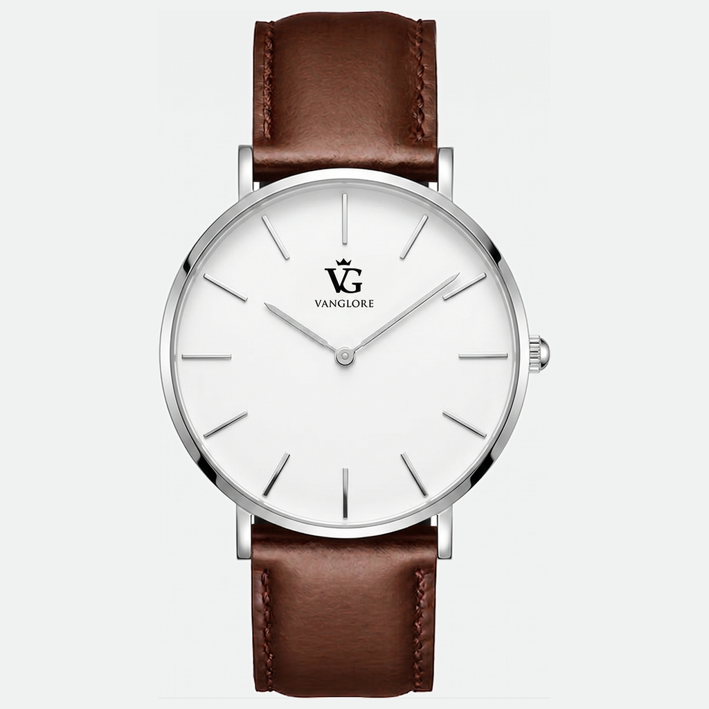 Relógio masculino Vanglore Selecty 3289a prata com fundo branco e pulseira de couro marrom, 40mm, vista frontal