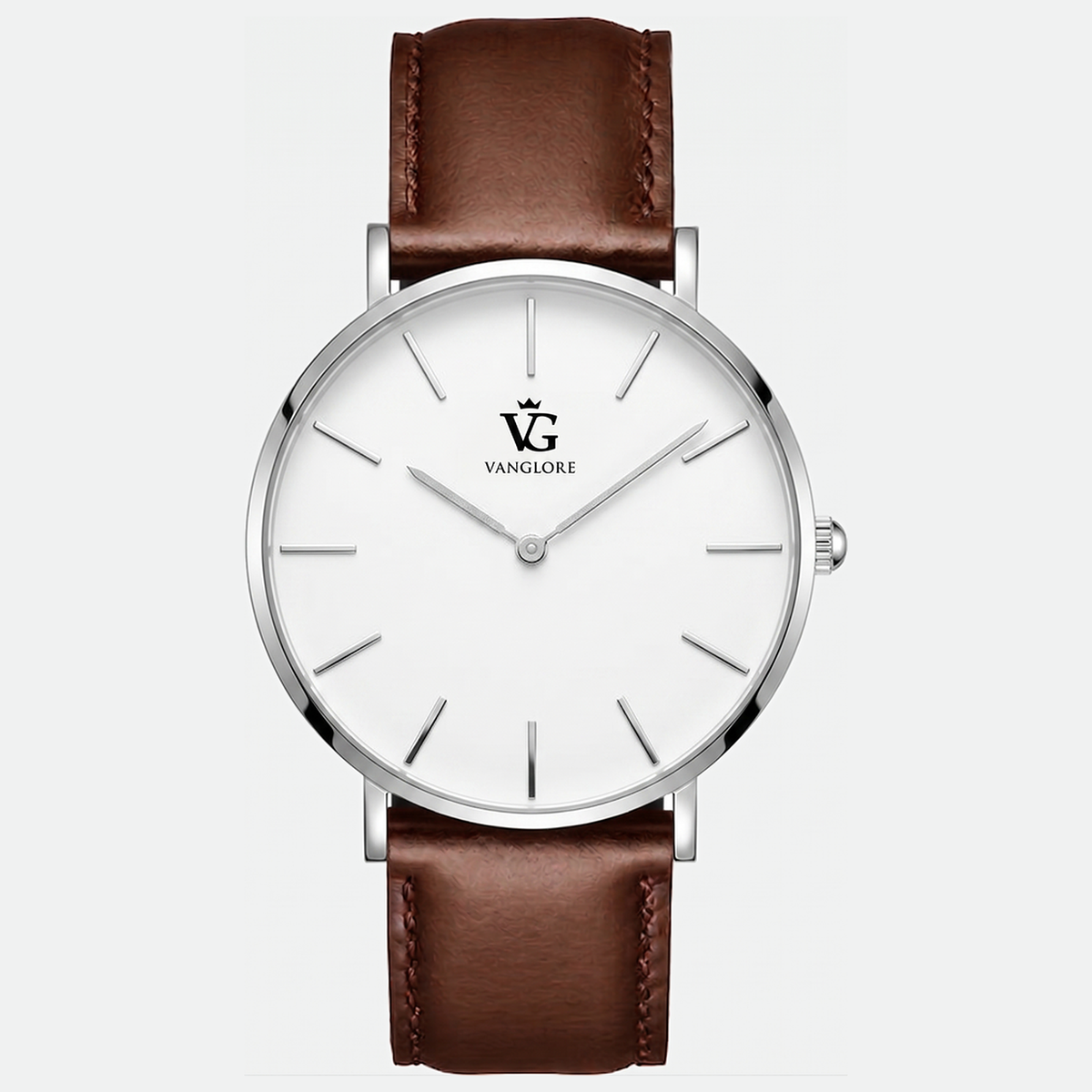 Relógio masculino Vanglore Selecty 3289a prata com fundo branco e pulseira de couro marrom, 40mm, vista frontal