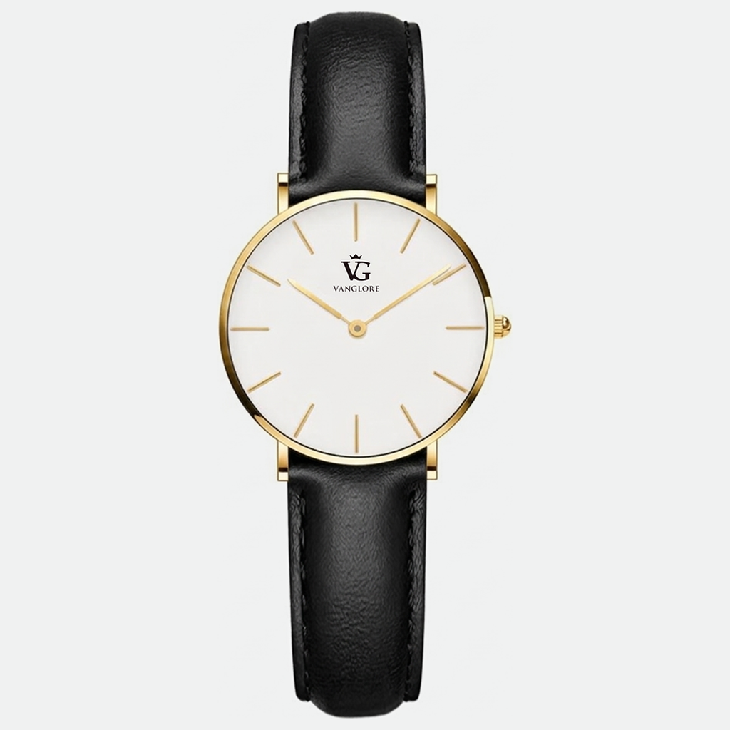 Relógio feminino Vanglore Selecty dourado 32mm com pulseira preta de couro e mostrador branco, vista frontal