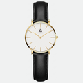 Relógio feminino Vanglore Selecty dourado 32mm com pulseira preta de couro e mostrador branco, vista frontal