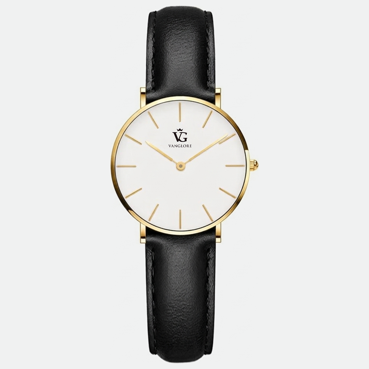 Relógio feminino Vanglore Selecty dourado 32mm com pulseira preta de couro e mostrador branco, vista frontal