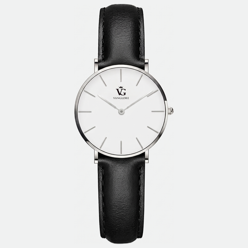 Relógio feminino Vanglore Selecty prata 32mm com pulseira preta de couro e mostrador branco, vista frontal