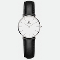 Relógio feminino Vanglore Selecty prata 32mm com pulseira preta de couro e mostrador branco, vista frontal