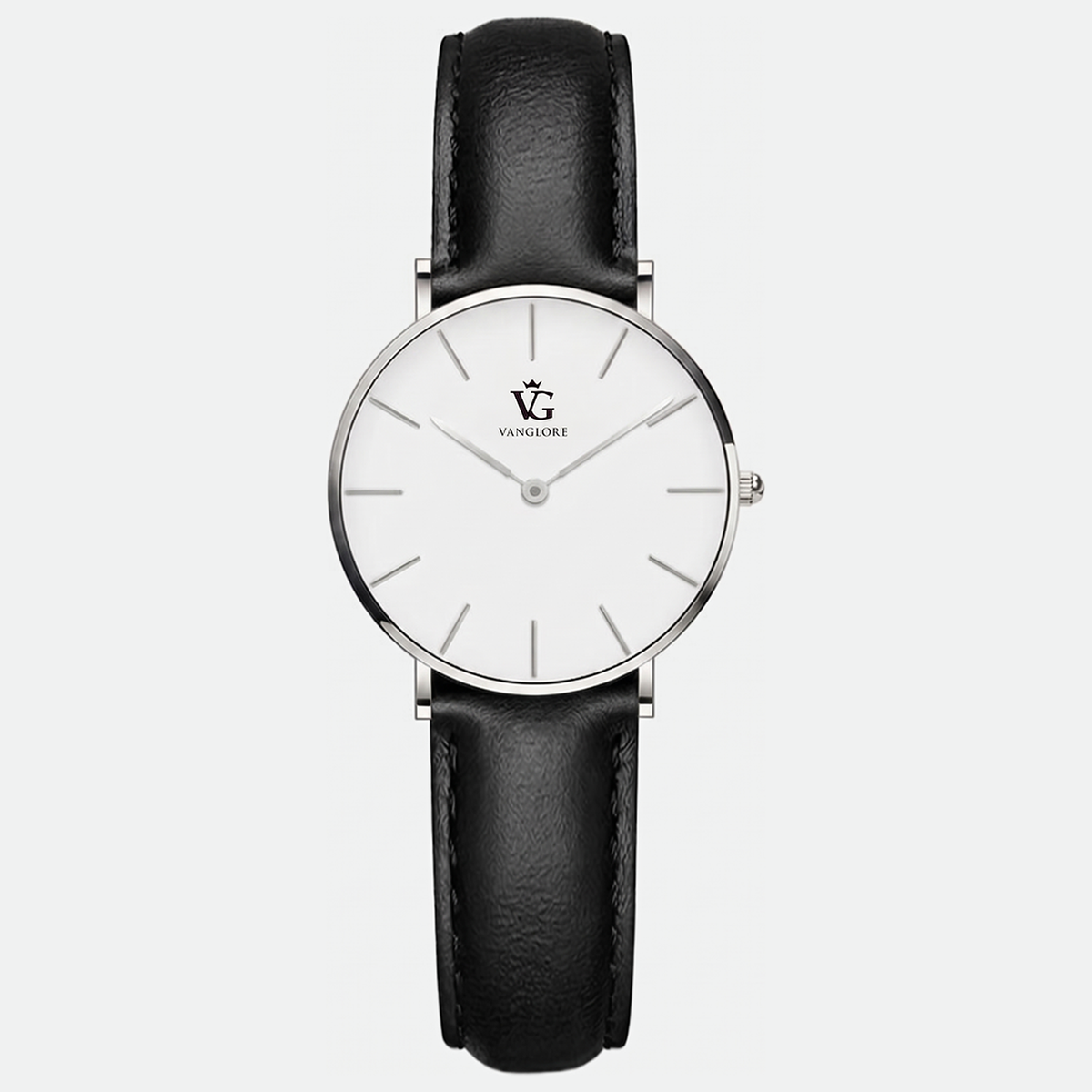 Relógio feminino Vanglore Selecty prata 32mm com pulseira preta de couro e mostrador branco, vista frontal