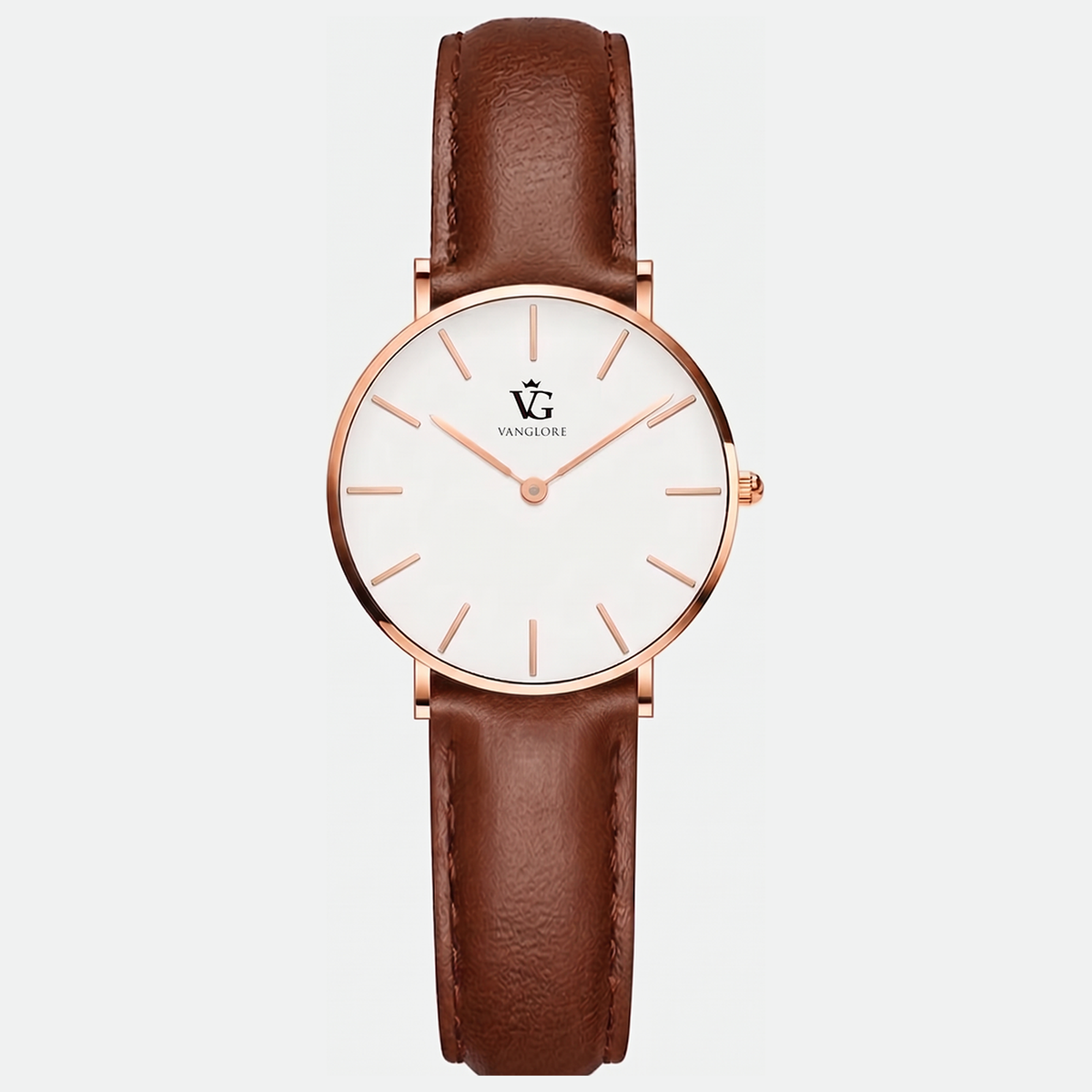 Relógio feminino Vanglore Selecty rose gold 32mm com pulseira marrom de couro e mostrador branco, vista frontal