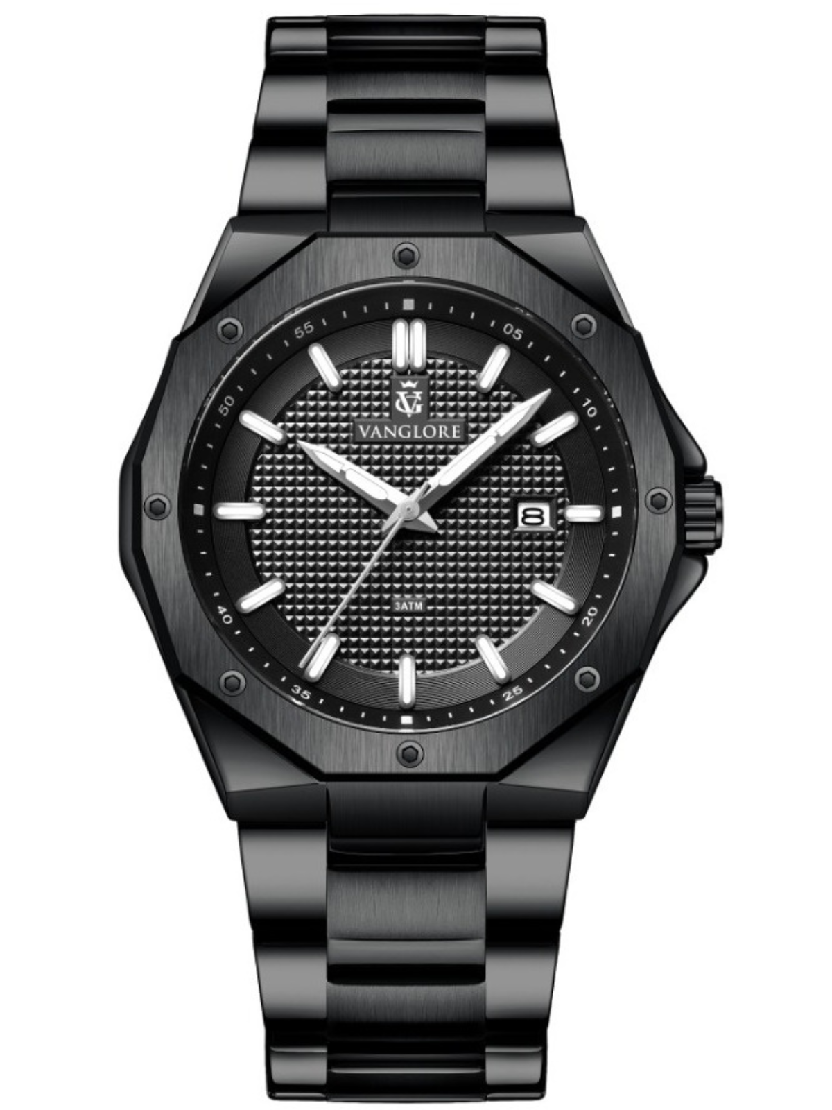 Relógio masculino Vanglore Legacy all black 42mm, bisel octogonal, em metal e aço inox
