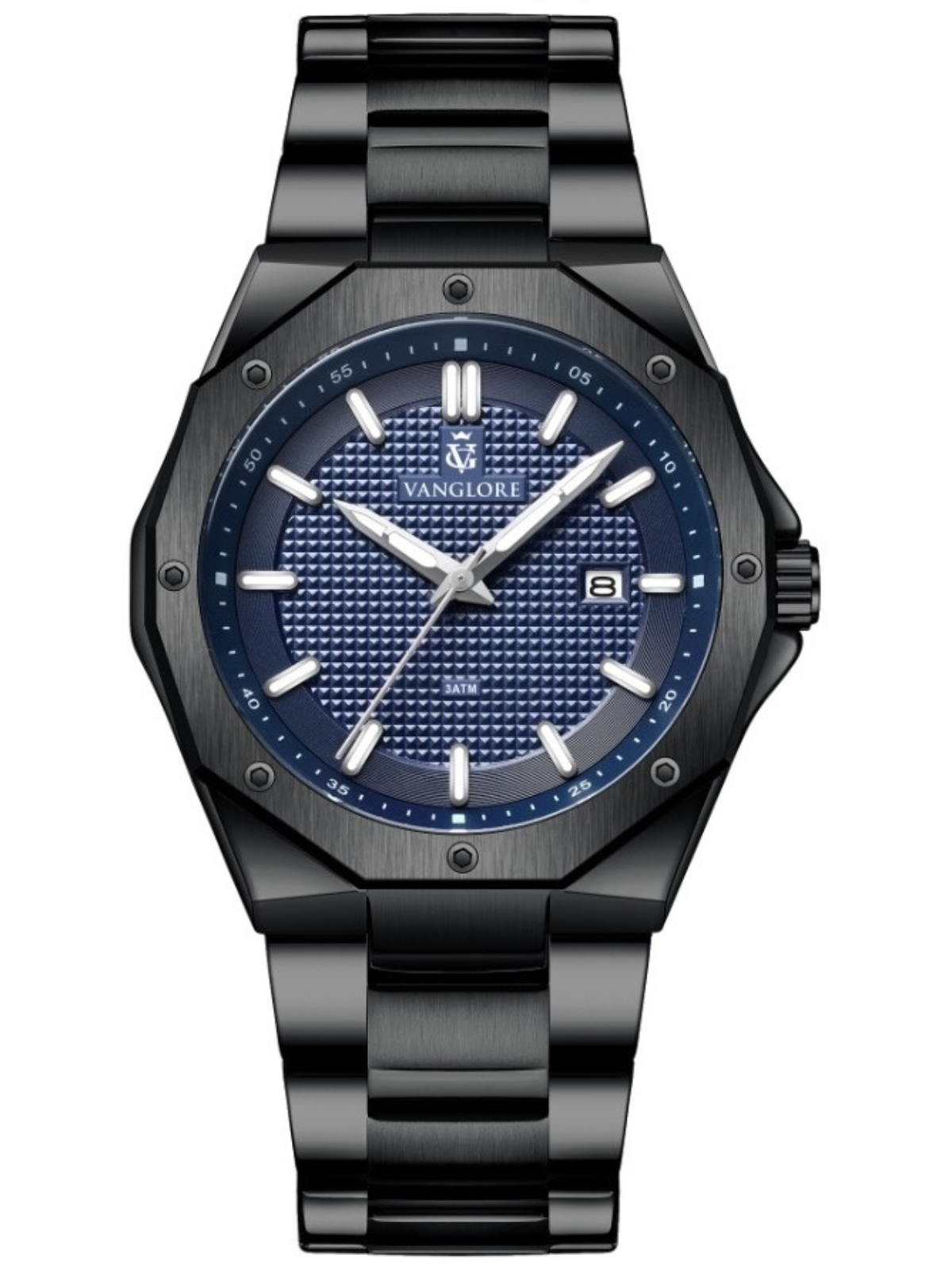 Relógio masculino Vanglore Legacy preto com fundo azul 42mm, bisel octogonal, em metal e aço inox