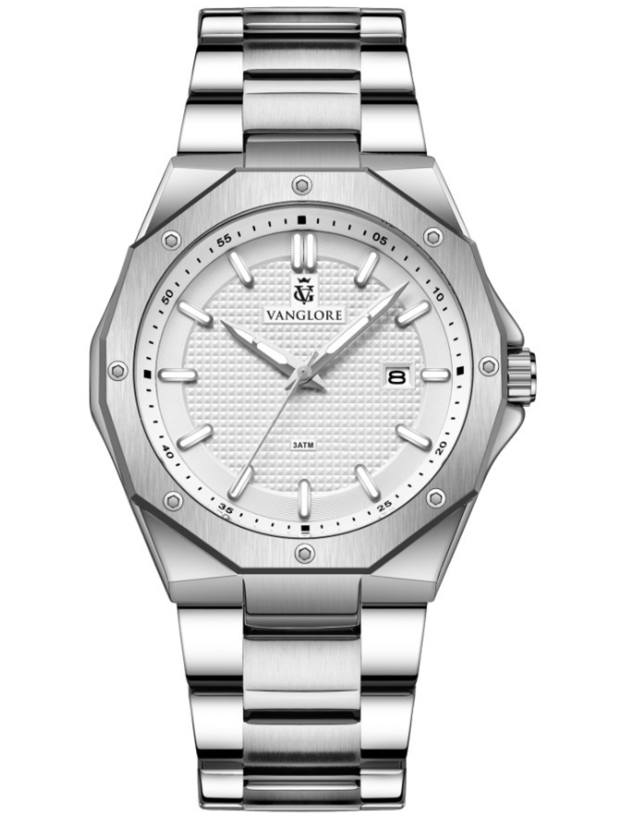 Relógio masculino Vanglore Legacy prata com fundo branco 42mm, bisel octogonal, em metal e aço inox