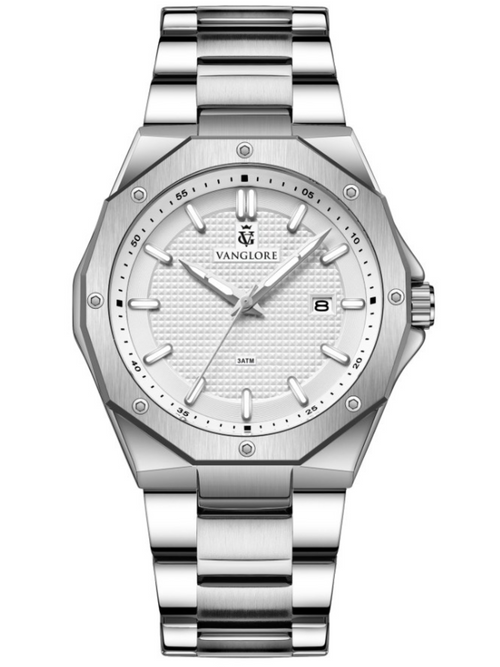 Relógio masculino Vanglore Legacy prata com fundo branco 42mm, bisel octogonal, em metal e aço inox